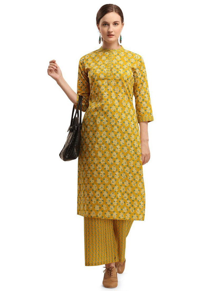 Yellow Colour Latest Fancy Designer Ethnic Regular Wear Cotton Printed Kurti And Palzzo Collection 101